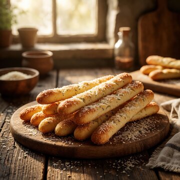 Delicious breadsticks with parmesan cheese on wooden board. Tasty italian snacks topped with herbs, grated cheese. Golden crispy grissini served in rustic kitchen setting. Appetizer for dinner party.