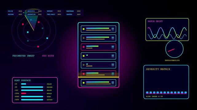 A vulnerability scan sequence shows rotating radar pulses glowing with cyan magenta and yellow neon lines within a dark virtual interface for monitoring server network data