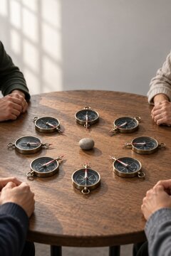 Compasses arranged in a circle around a central stone
