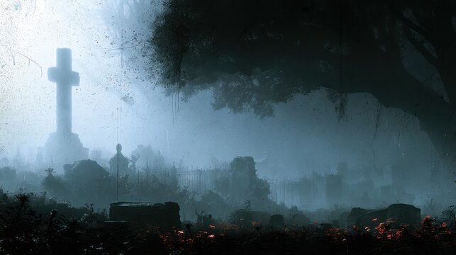 Atmospheric eerie cemetery scene with large cross monument shrouded in mist and silhouetted trees evoking mystery and quiet reflection at dusk