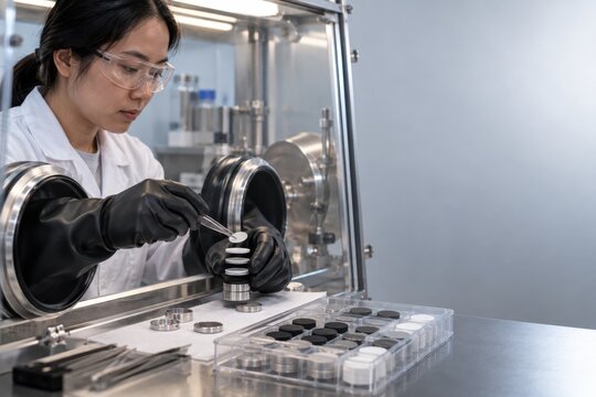 Scientist assembling small cells inside a glovebox