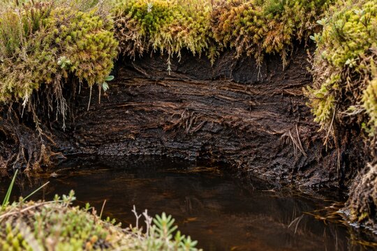 Exposed peat layers beneath moss beside a dark pool