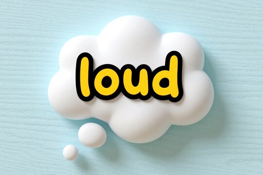 White 3d speech bubble with word loud in yellow font on blue background. Creative thinking cloud symbol represents shouting noisy sound. Simple pop art concept for communication, big voice, yelling,