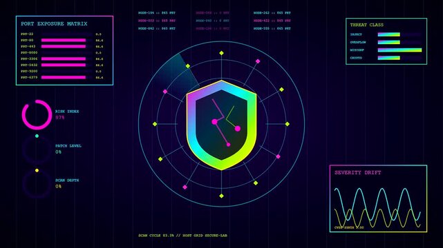 A digital vulnerability scan interface shows glowing neon shield icons and circular monitoring charts moving across a dark grid screen displaying complex system flow data