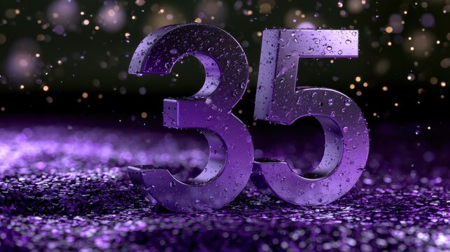 Purple number thirty-five with water droplets on sparkling reflective surface in a dark blurred background environment with falling rain effects