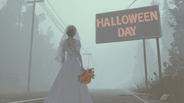 Zombie bride in wedding dress holding a pumpkin bouquet on a foggy road with a sign