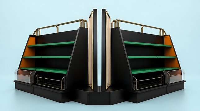 Modern luxury retail gondola display shelf for high-end supermarket or grocery store interior, symmetrical 3D render with green shelving and gold accents isolated on light blue background
