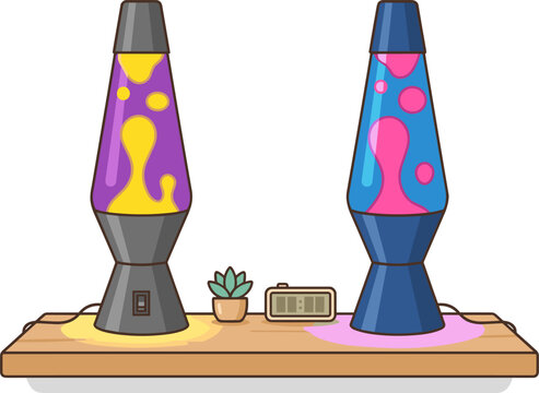 Two glowing lava lamps in purple and blue on a wooden shelf, flat vector illustration isolated on white background