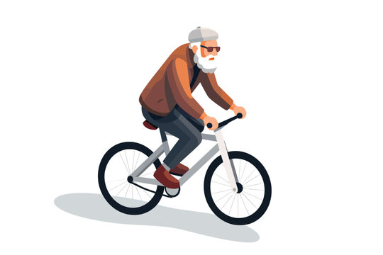 Old man riding bike isolated