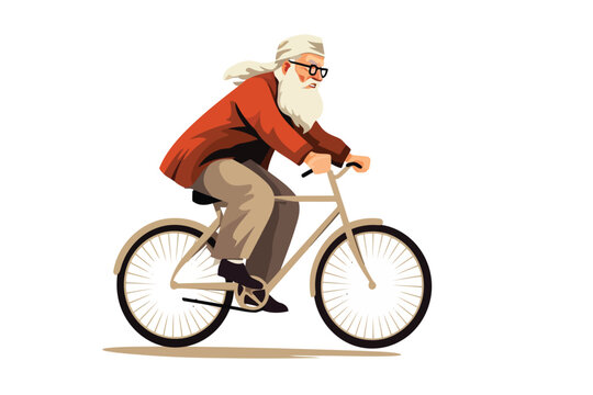 Old man riding bycicle isolated