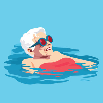 Old woman swiming in pool isolated