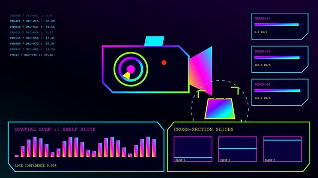 A digital stream commerce interface displays animated scanning graphs with vibrant colorful light bars and neon outlines monitoring retail product items on a dark virtual display