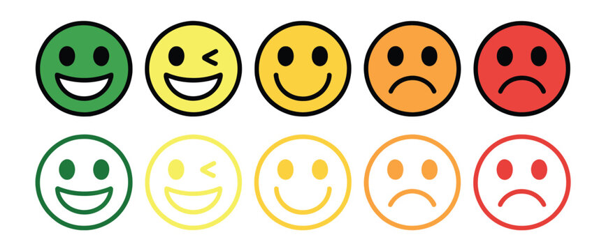 Emoticon icons featuring happy, smile, neutral, sad, and angry emoji faces in flat style and line smiley vector illustration