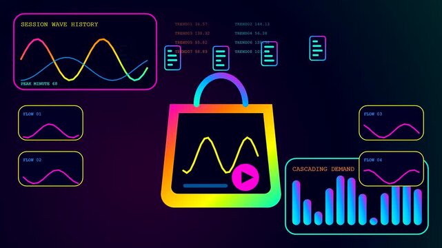 A vibrant stream commerce interface design features glowing neon waveform graphs displayed inside a shopping bag icon with flickering statistical data and cascading digital bar charts