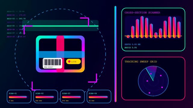 A digital stream commerce interface displays rhythmic bar charts and rotating radar scans while tracking small rectangular packages across three synchronized panels of vibrant neon graphical data