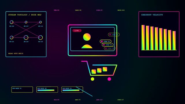 A digital stream commerce interface displays animated shopping carts with bar charts and data node networks in a vibrant glowing violet purple monitor display environment