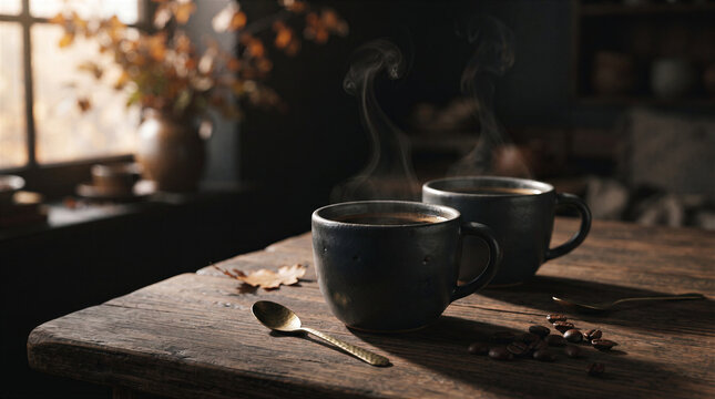 Two steaming cups of hot coffee on a rustic wooden table with coffee beans and a spoon in a cozy autumn atmosphere