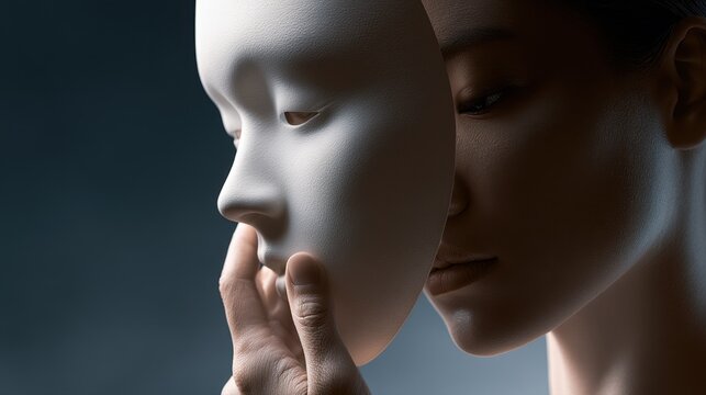Woman holding a smooth white mask close to her face symbolizing introspection illusion and identity against a dark blurred background