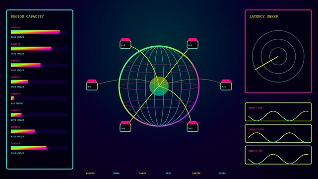 A digital stream commerce interface displays complex rotating globes with interconnected node points alongside glowing progress bars and oscillating sine wave monitoring charts on dark screens