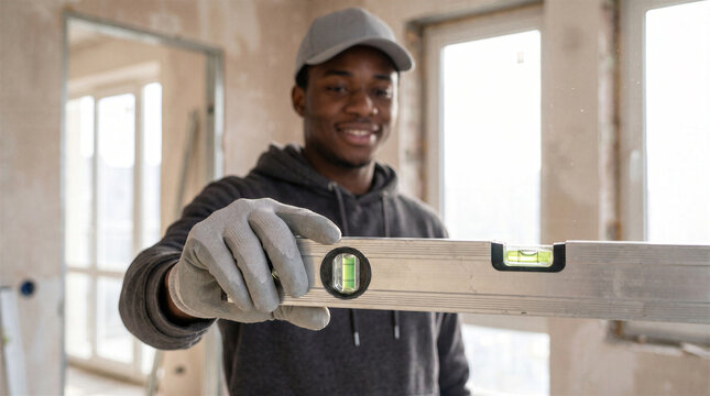 Young construction worker holding a spirit level tool to check for level surfaces during home renovation