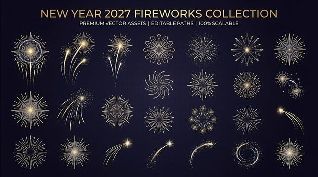 Festive new year 2027 fireworks collection golden vector illustrations on a dark navy background for holiday celebrations