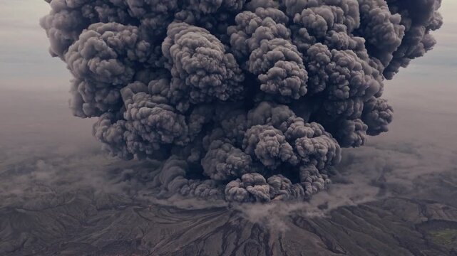 Volcanic eruption imagery. Ash cloud rising above crater. Seismic activity and ash spread across desolate terrain. Volcanologists and emergency crews monitor and respond to volcanic ash dispersion