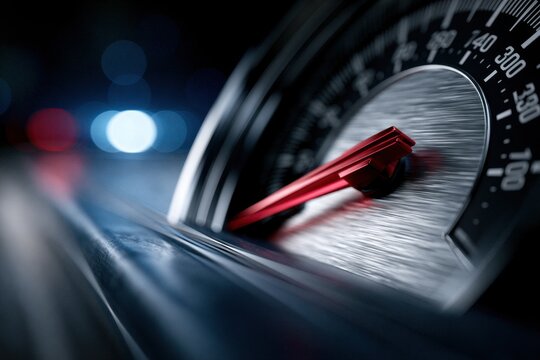 High-speed car dashboard gauge illuminated at night showing rapid acceleration with needle pointing towards maximum velocity on a sleek metallic background