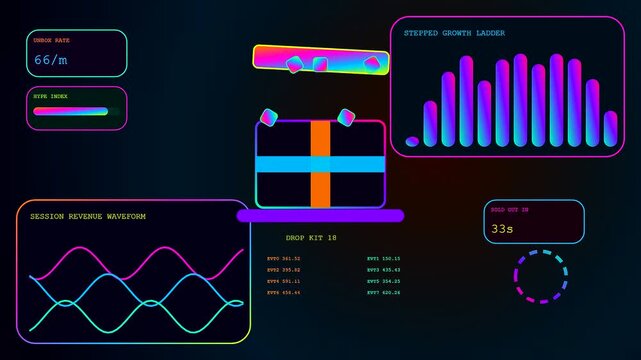 Digital stream commerce interfaces display neon graphical charts with animated wave patterns and glowing holographic box icons pulsing rhythmically within a dark virtual monitoring environment space