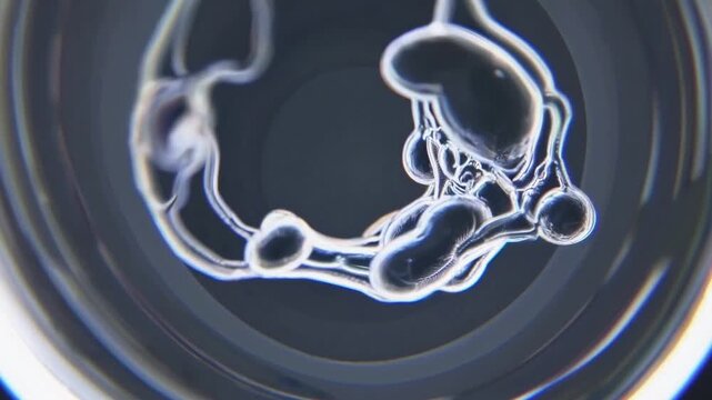 Monochrome fluid rings swirl inside dish over dark background high contrast droplets and meniscus detail, slow rotational flow captured for laboratory fluid dynamics study and microscopy demonstration