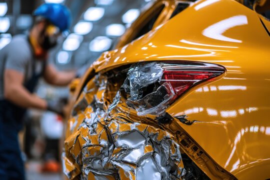 Worker in protective gear repairing severely damaged yellow car rear section in busy auto body workshop with focused industrial lighting