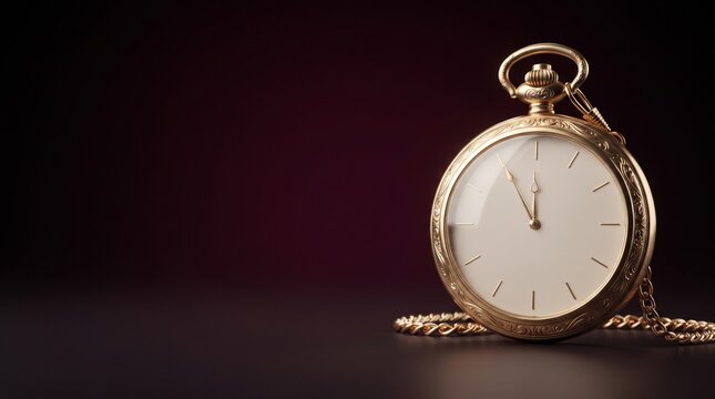 Vintage gold pocket watch with chain on dark background representing