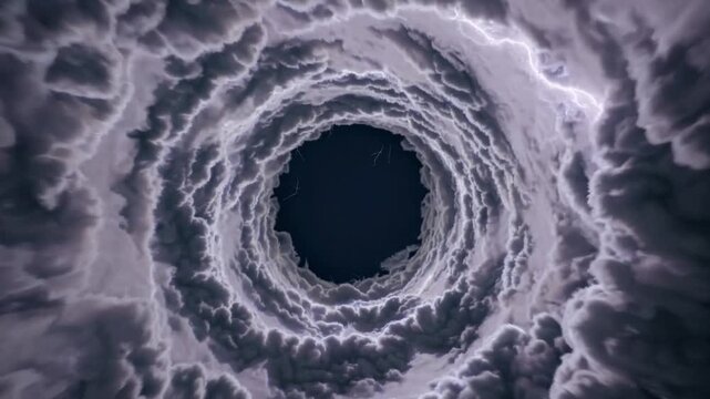 Dark stormy night. Storm clouds spinning in darkness. Night sky roars with lightning and swirling storm clouds. Ominous tempest obscures stars with chaotic clouds and bright streaks of lightning
