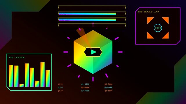 a stream commerce digital interface displays glowing geometric cubes with fluctuating volume bars and changing numerical targets within a dark virtual environment for data analytics