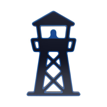 Guard watchtower icon in glossy blue glass style representing security outpost and watchtower observation isolated on a transparent background