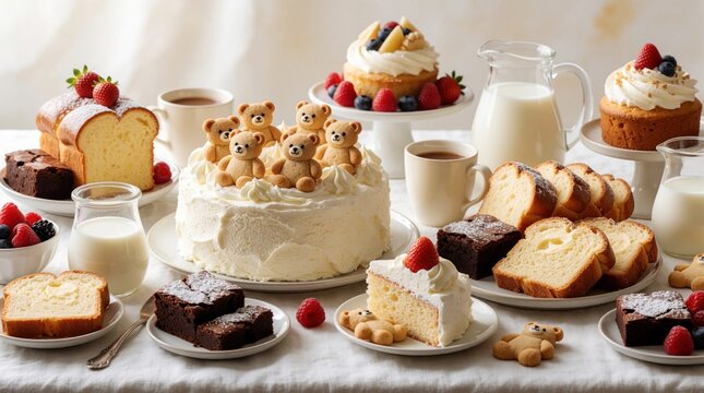 Variety of delicious sweet desserts on table. Large white cream cake with teddy bear cookies, chocolate brownies, fruit pastries, milk. Sliced bread, cupcakes with berries, hot coffee served for