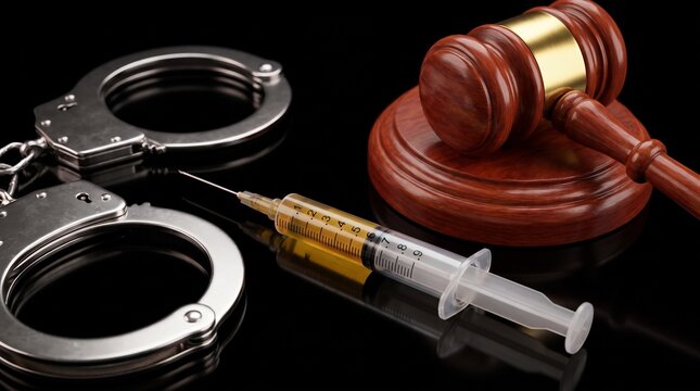 Concept of Law and Narcotics, Handcuffs with Syringe and Judge Gavel on Black Background