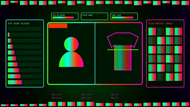 Innovative stream commerce interface displays animated graphical data showing garment sizing measurements for digital shoppers through dynamic shifting software panels in a neon green color palette