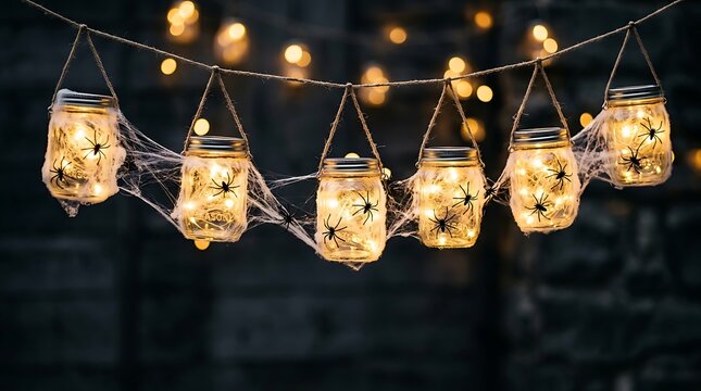 Hanging glass mason jars with spiders and fairy lights for halloween decor
