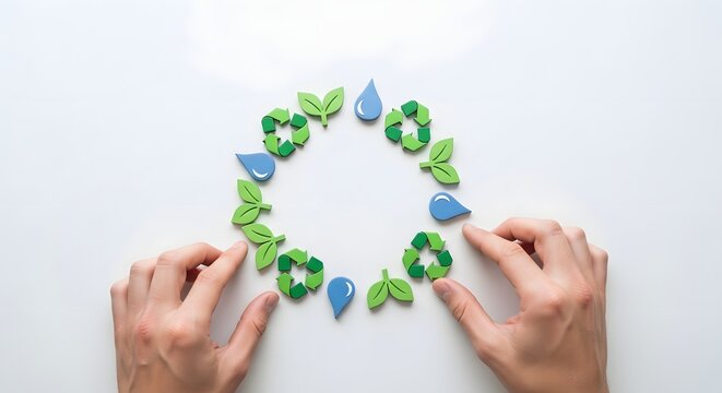 Hands arranging a circular wreath of green recycle symbols and water drops as a symbolic representation of environmental sustainability and conservation