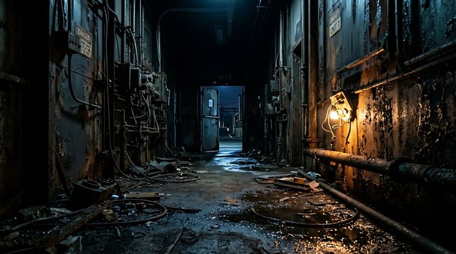 Dark abandoned industrial hallway with a glowing light at the end
