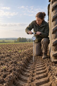 Researcher measuring soil compaction beside tractor tracks