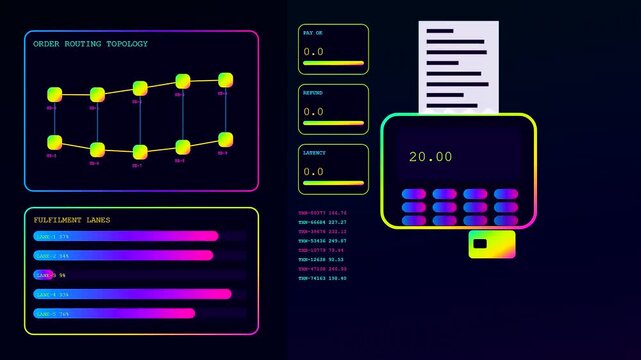 Data streaming and stream commerce metrics animate as neon graphic user interfaces display transaction flow and digital finance analytics on a dark glowing monitor screen panel