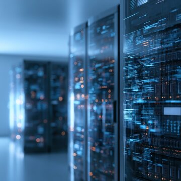 Modern data center servers illuminated with blue and orange lights showcasing advanced technology and digital infrastructure in a clean facility environment