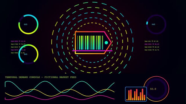 A stream commerce interface shows glowing neon barcode icons with circular data loading animations and undulating wave charts inside a dark digital console for analytical monitoring