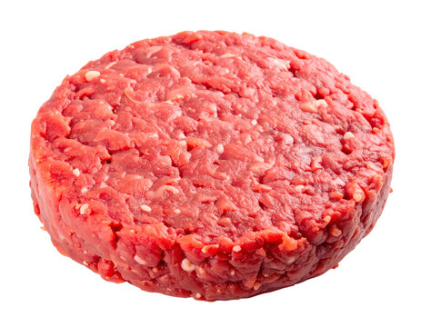 A fresh raw beef burger patty with a thick round shape and uneven natural texture, isolated on transparent background, suitable for culinary, restaurant, and food advertising design projects.