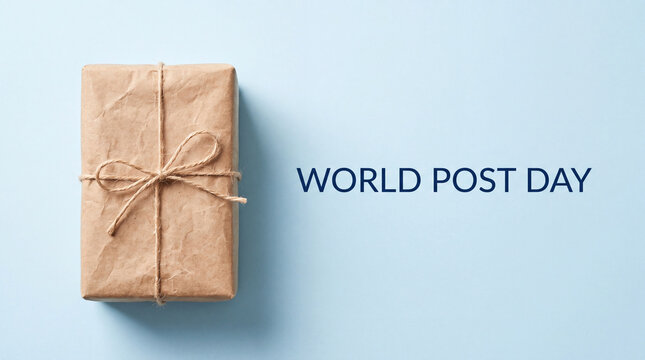 A brown paper parcel tied with twine sits on a light blue background, symbolizing communication and shipping for the celebration of World Post Day.