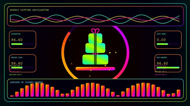 A vibrant stream commerce interface displays rhythmic waveform animations and colorful neon digital gift boxes while glowing frequency bars oscillate across a dark virtual dashboard screen