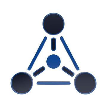 Glossy blue network connection node icon with triangular layout and central circle vertex triangle isolated on a transparent background