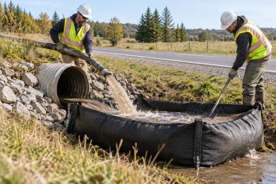 Workers installing a sediment barrier below a roadside culvert