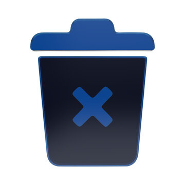 Blue 3D glass trash bin icon with a cross symbol on the front, representing deletion or removal actions isolated on a transparent background